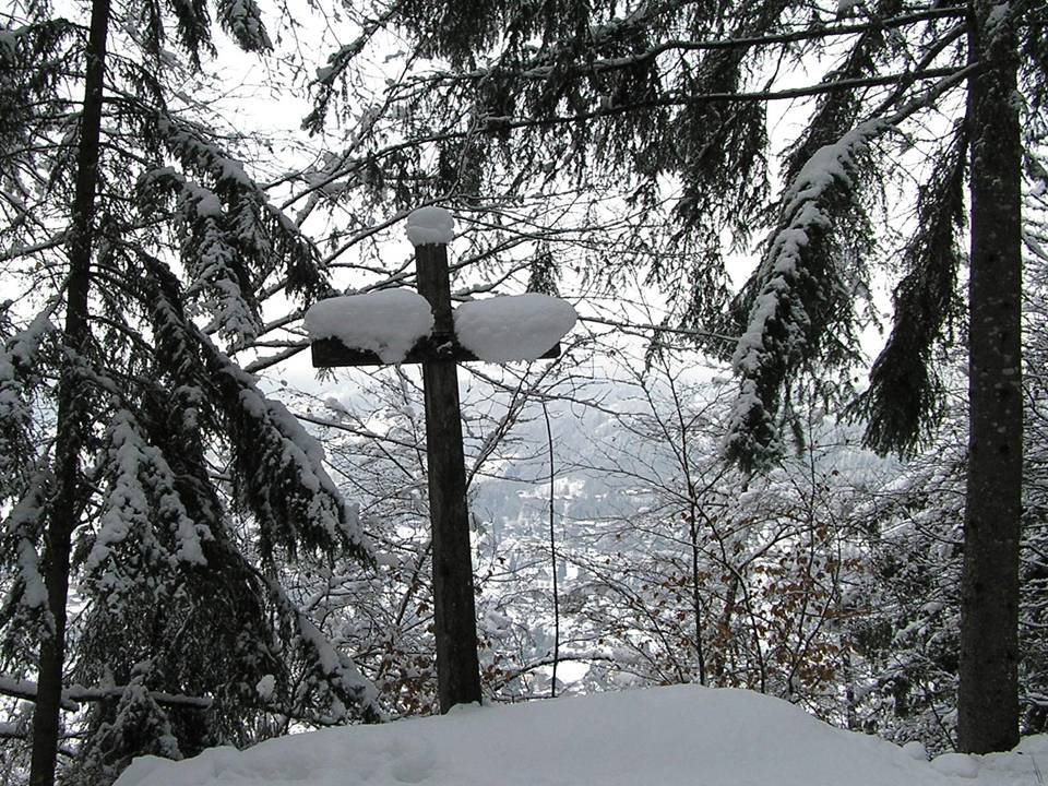 cross in a snow forest